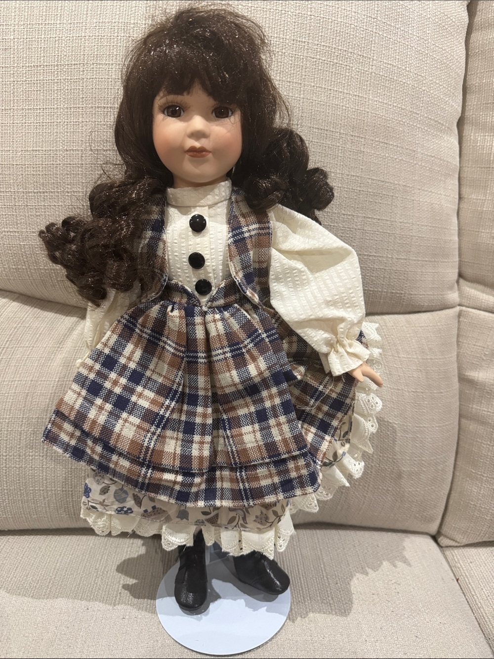 1997 Angelina Brown & Cream Plaid Dress Porcelain-style Doll